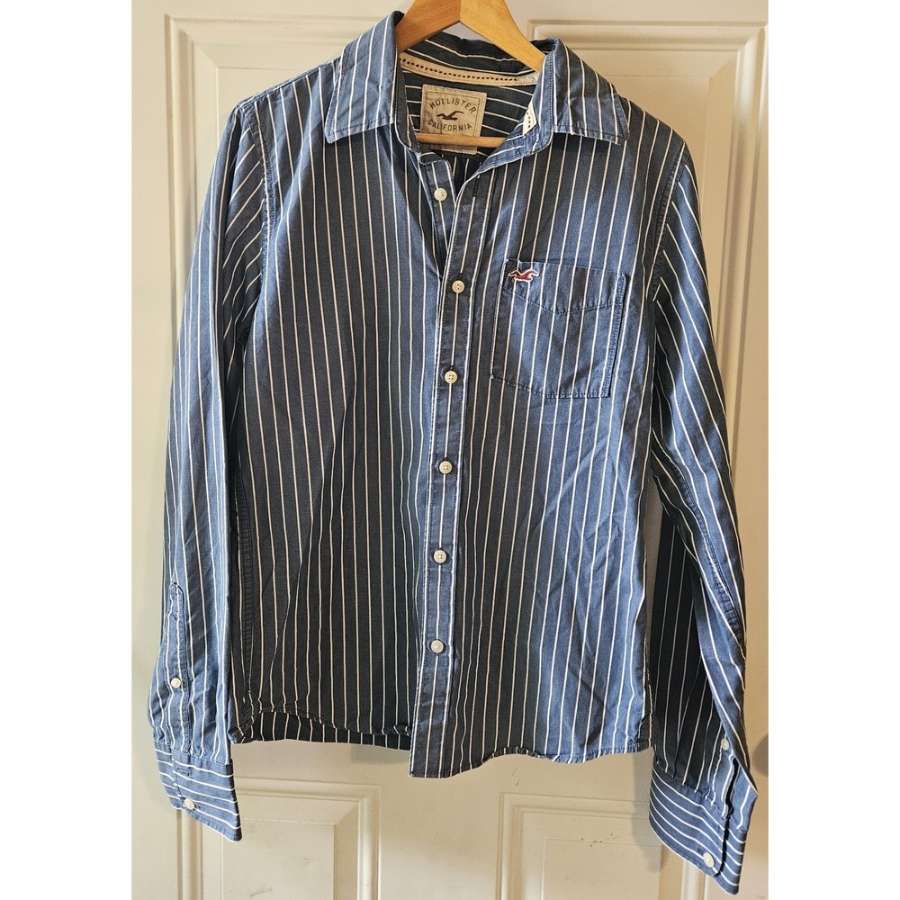 Hollister California Womens Medium Blue White Striped Button Front Shirt Long...